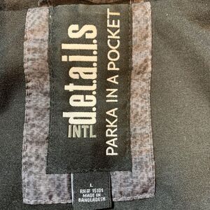 Intl Details Parka In A Pocket Black/Gray Jacket Hood Lightweight Packable L